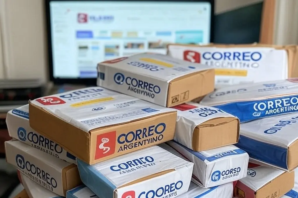 Paquetes de Correo Argentino apilados frente a una computadora con una tienda online abierta