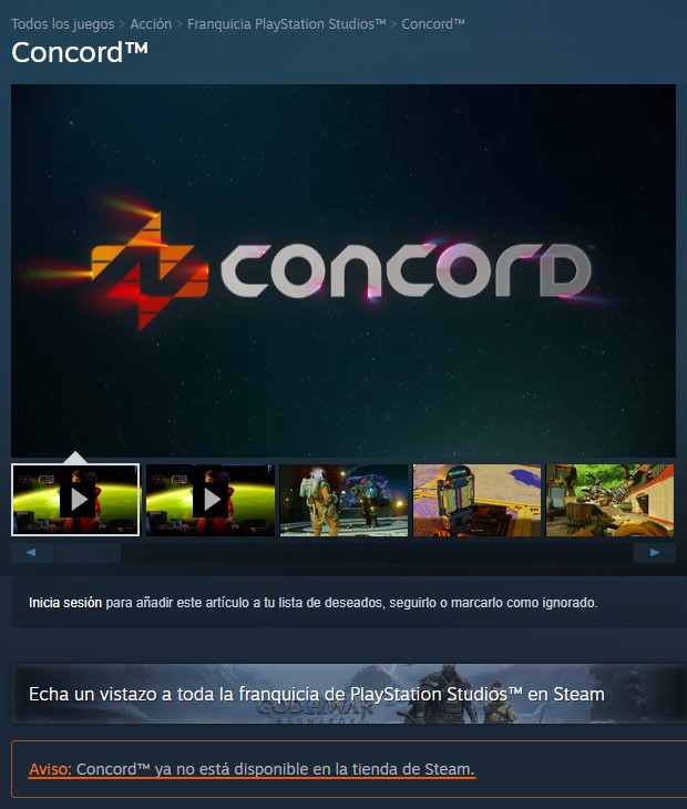 Mensaje de la página de Steam de Concord que indica la no disponibilidad del juego para su compra