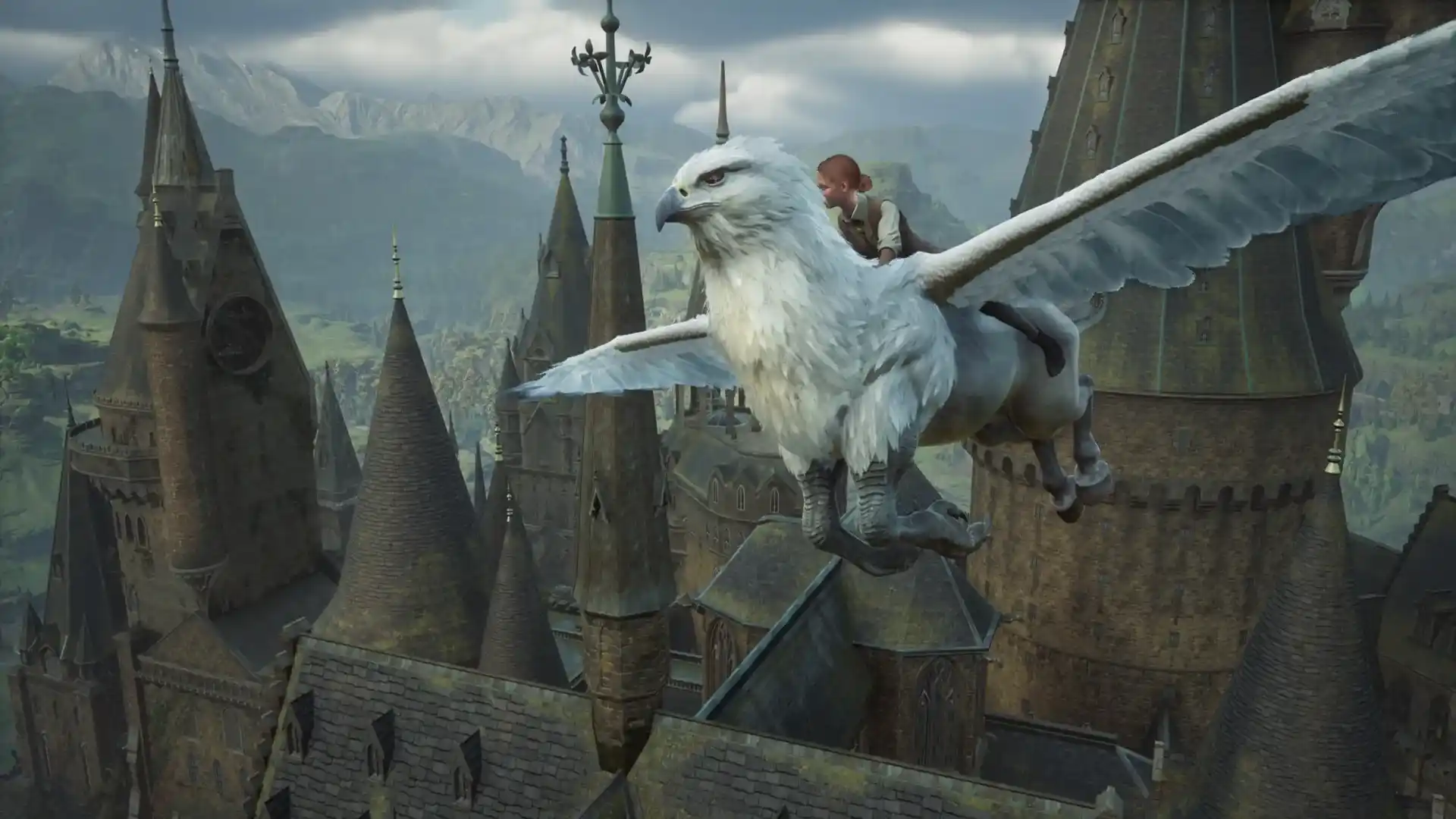 Un estudiante vuela en hipogrifo sobre las torres del castillo de Hogwarts en Hogwarts Legacy