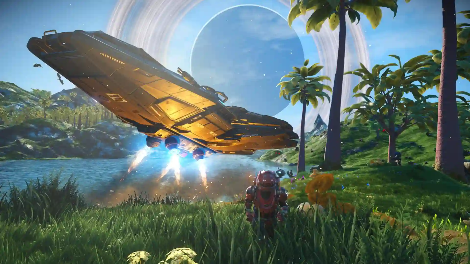Nave espacial sobrevolando un planeta tropical con un anillo planetario de fondo en No Man's Sky