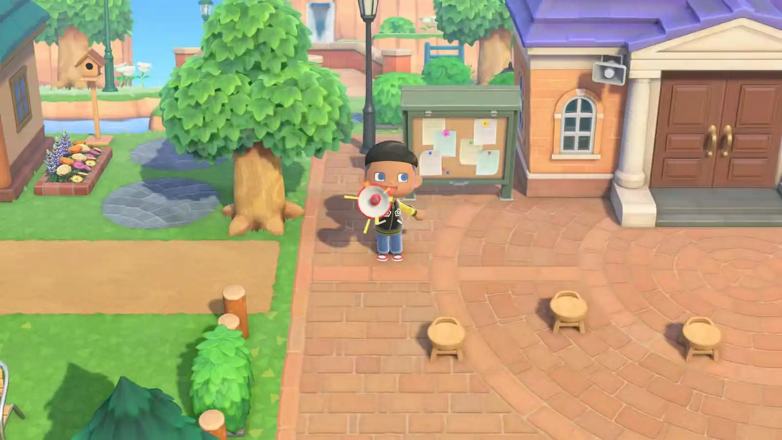 Personaje de Animal Crossing: New Horizons en la plaza de una isla