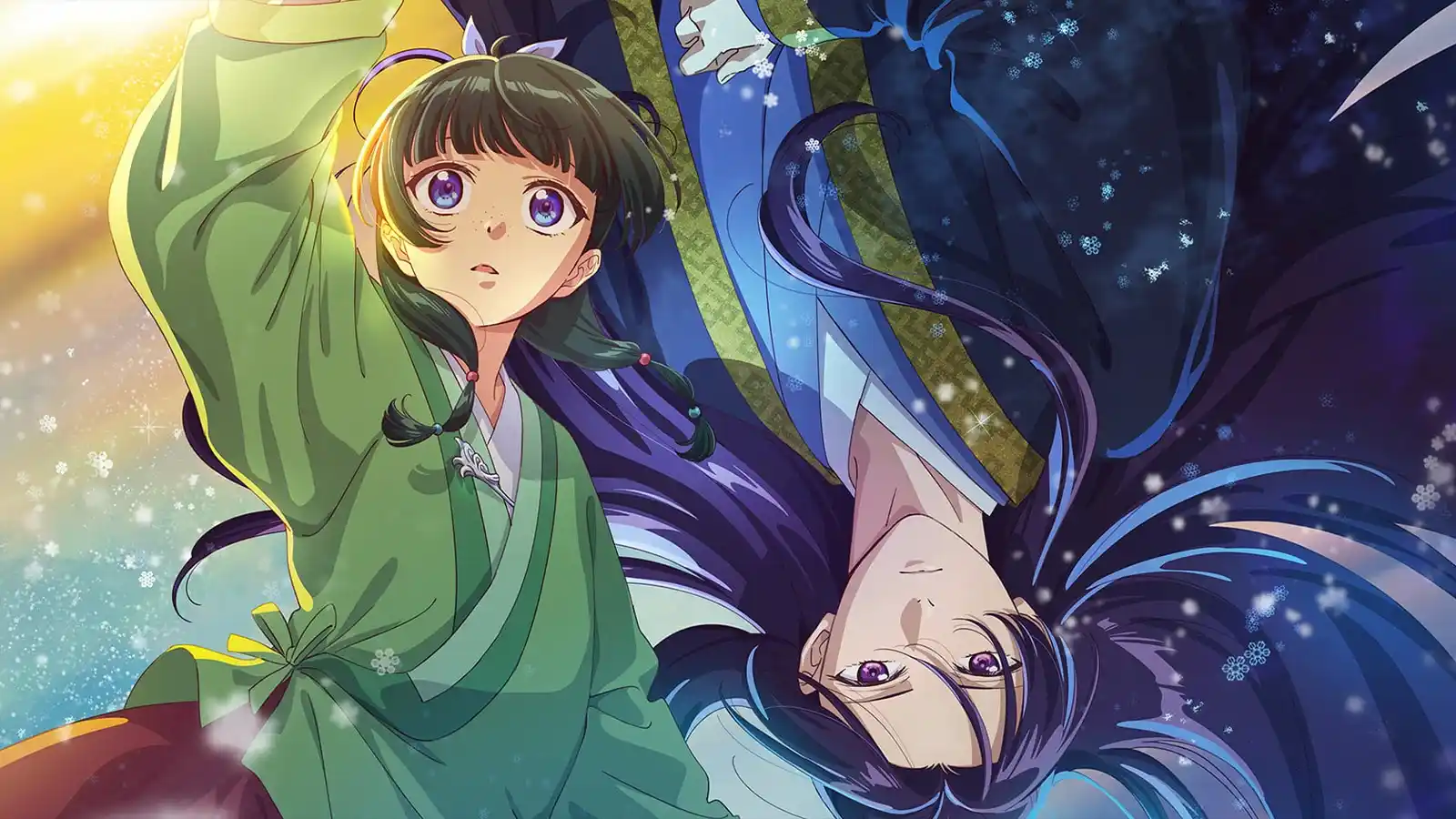 Maomao con kimono verde y Jinshi cabeza abajo en el arte de Los Diarios de la Boticaria