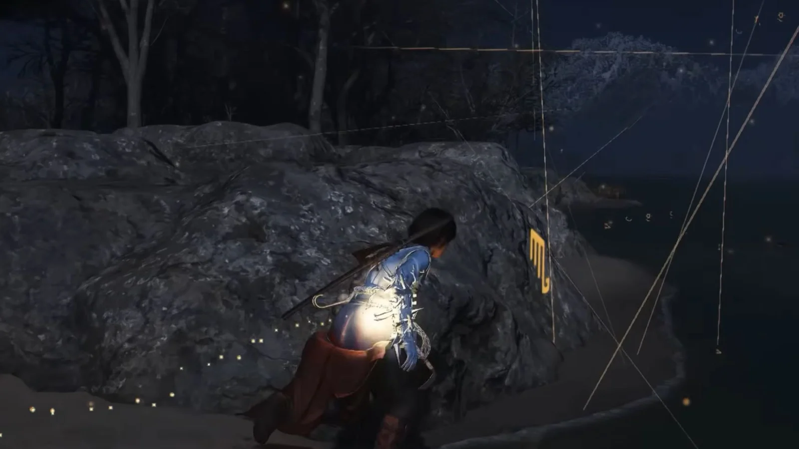 Glifo de la Marea en roca junto a la orilla en Assassin's Creed Shadows