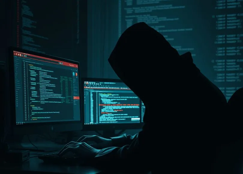 Persona encapuchada frente a monitores con código, ilustración del riesgo de malware en apps piratas como Xuper Magis TV
