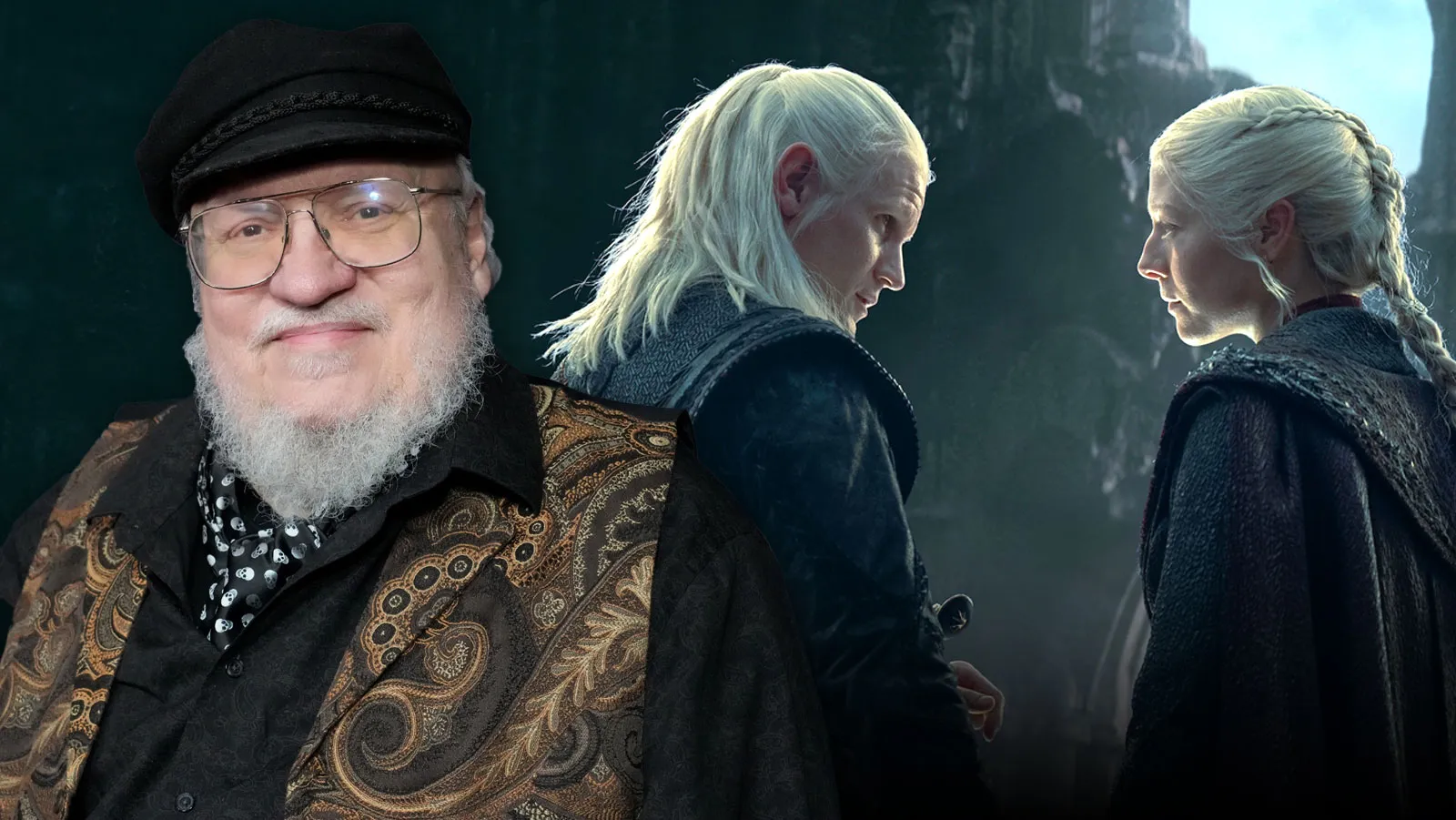 George R. R. Martin junto a una imagen de Daemon y Rhaenyra Targaryen en House of the Dragon