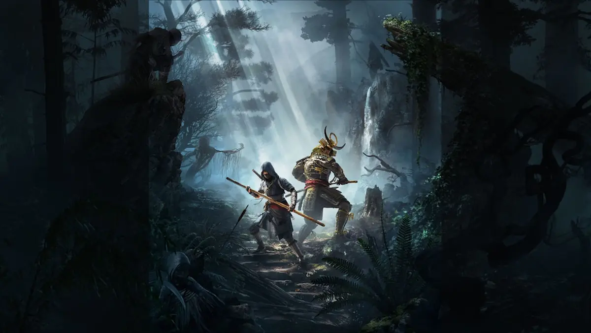 Naoe y Yasuke enfrentando a un samurái en el key art de Assassin's Creed Shadows