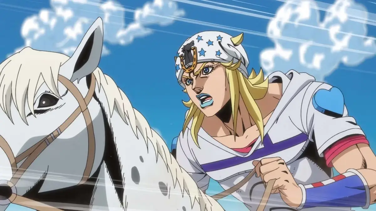 Johnny Joestar a caballo en el anime de Steel Ball Run