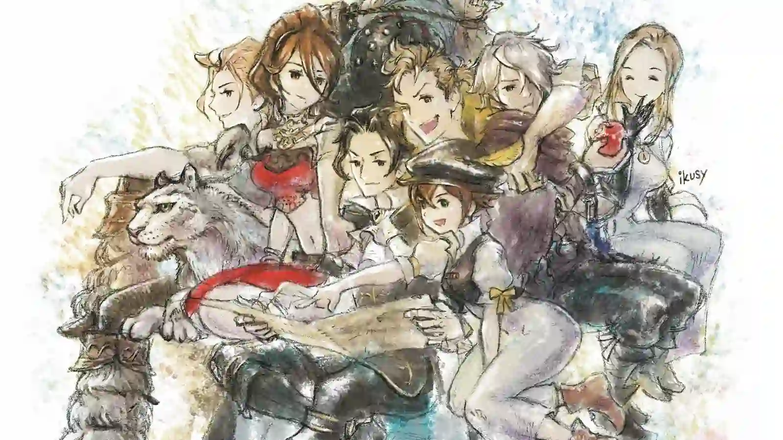 Ilustración grupal de los personajes de Octopath Traveler, la saga de RPG en HD-2D de Square Enix
