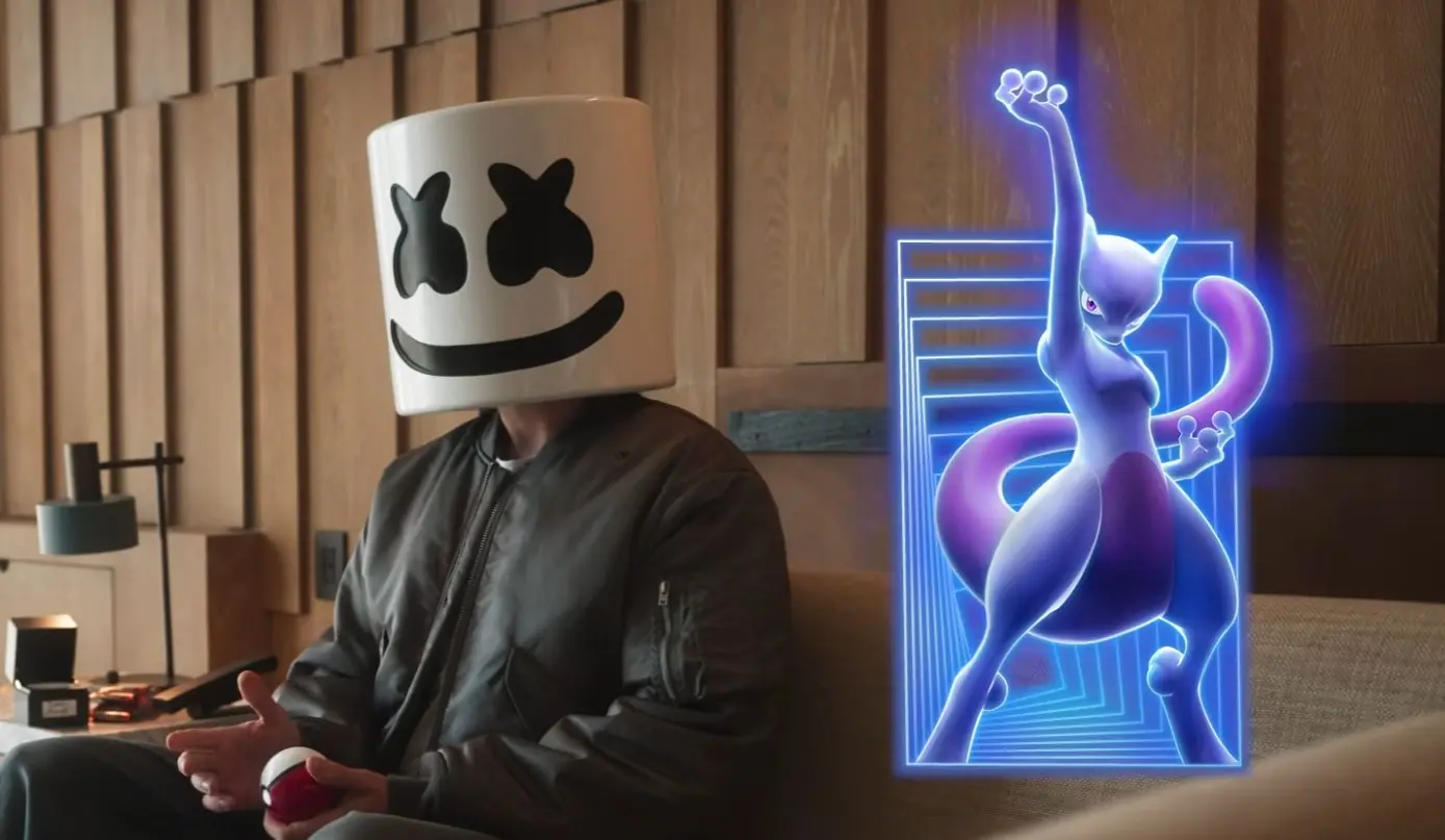 Marshmello junto a un holograma de Mewtwo en la promoción de Pokémon Noche Electrizante