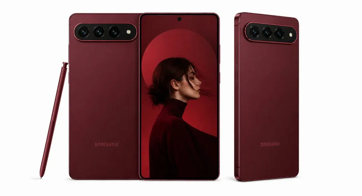 Render conceptual del Galaxy S27 Ultra con módulo de cámaras horizontal y S Pen, en color burdeos