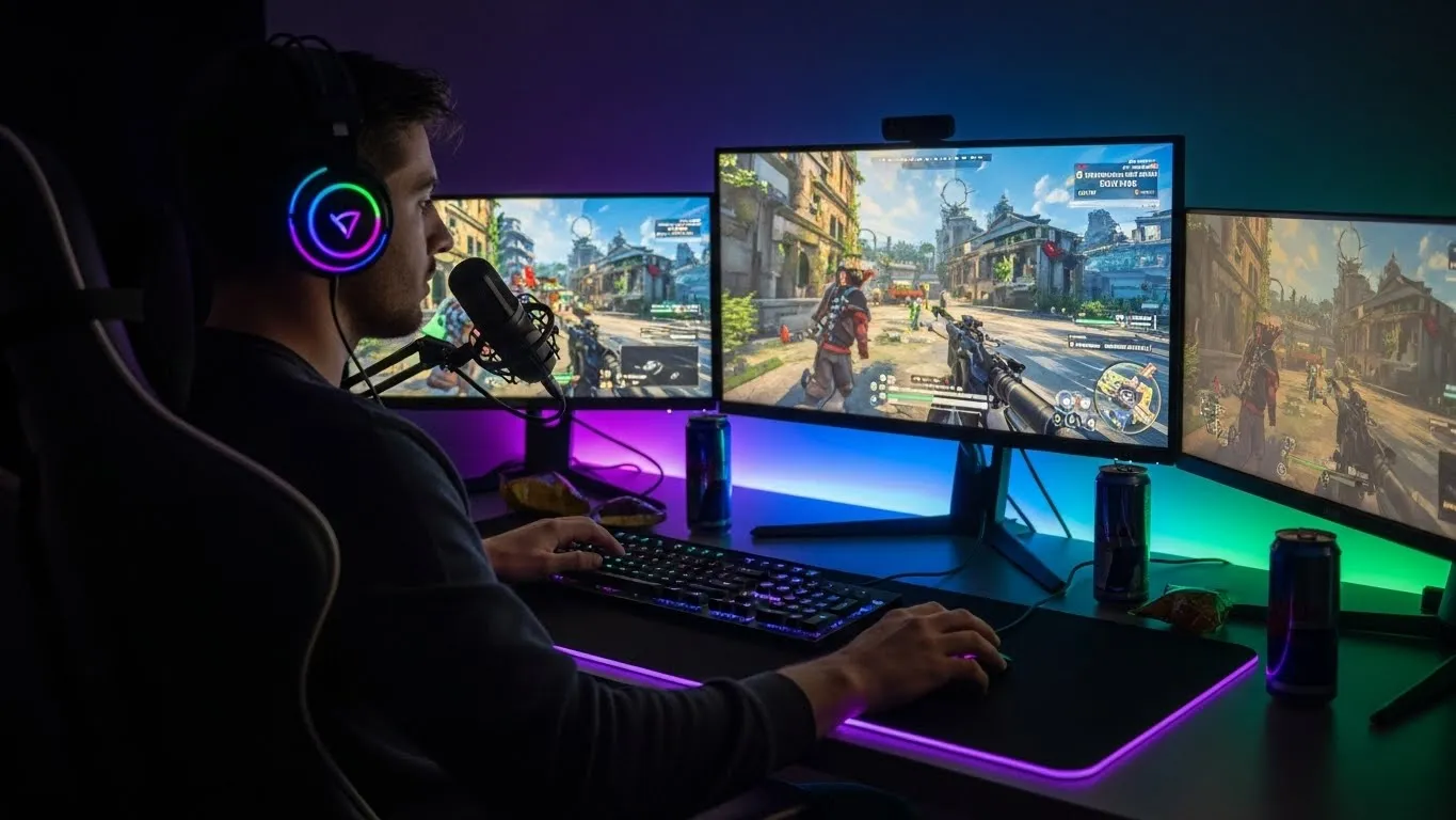 Jugador frente a un setup de PC con tres monitores y un shooter en pantalla