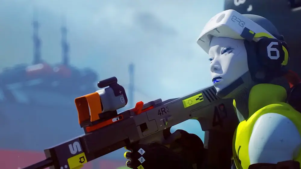 Arte de Marathon: una runner sostiene su rifle en el mundo alienígena del shooter de Bungie