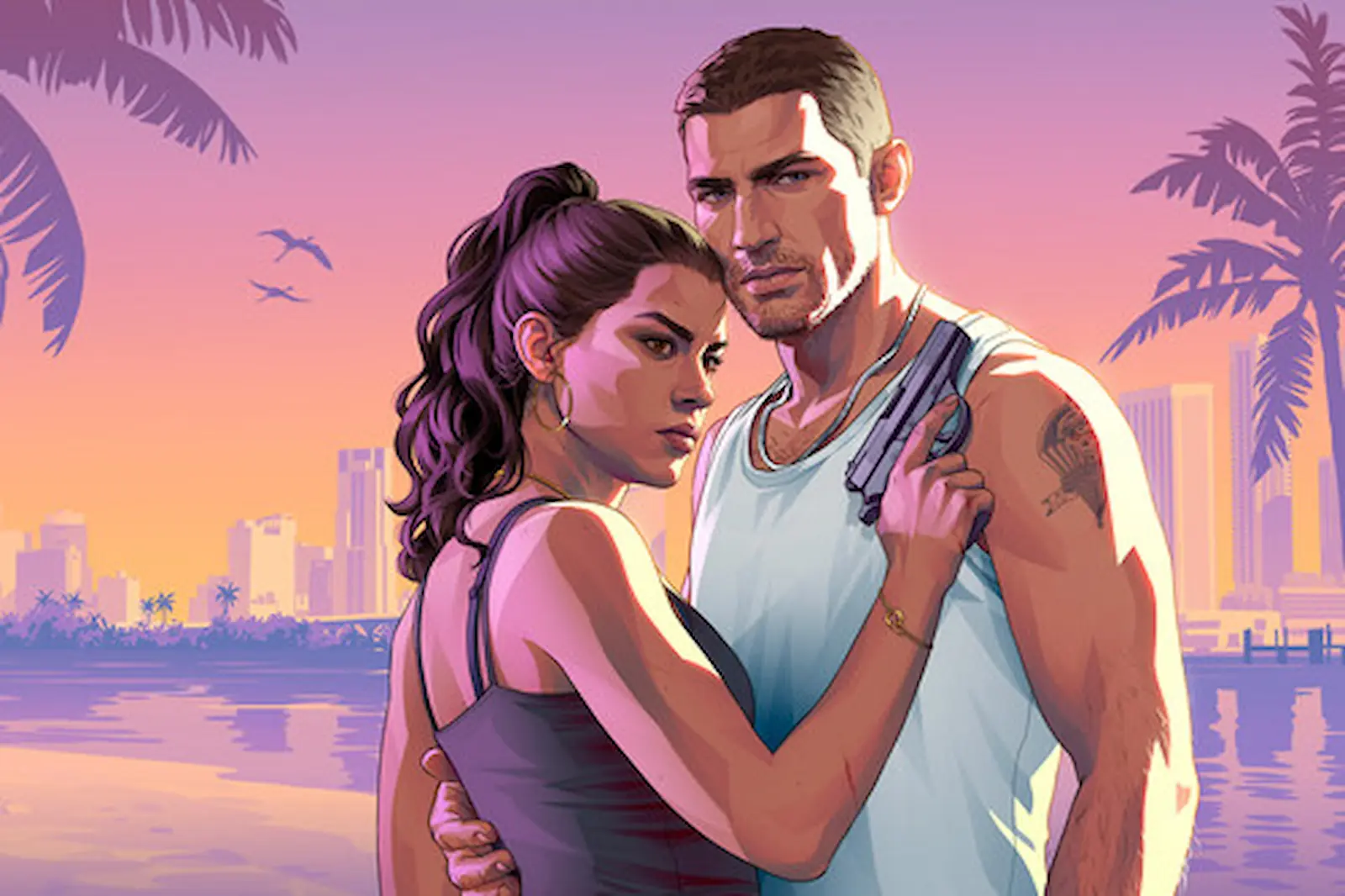 Arte oficial de Jason y Lucia, los protagonistas de GTA 6, con el skyline de Vice City al atardecer