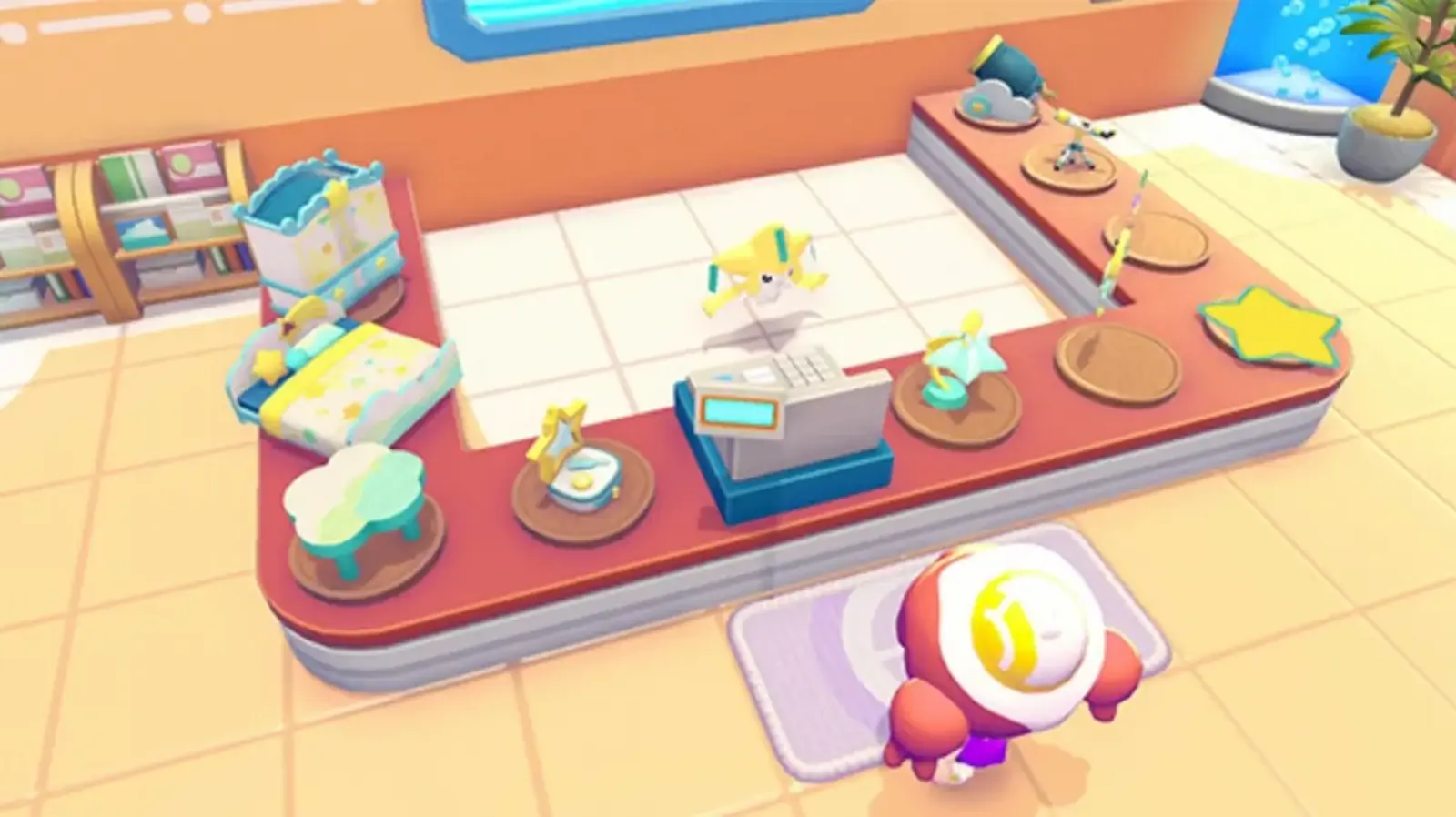 Jirachi flotando frente a un Centro Pokémon en Pokémon Pokopia