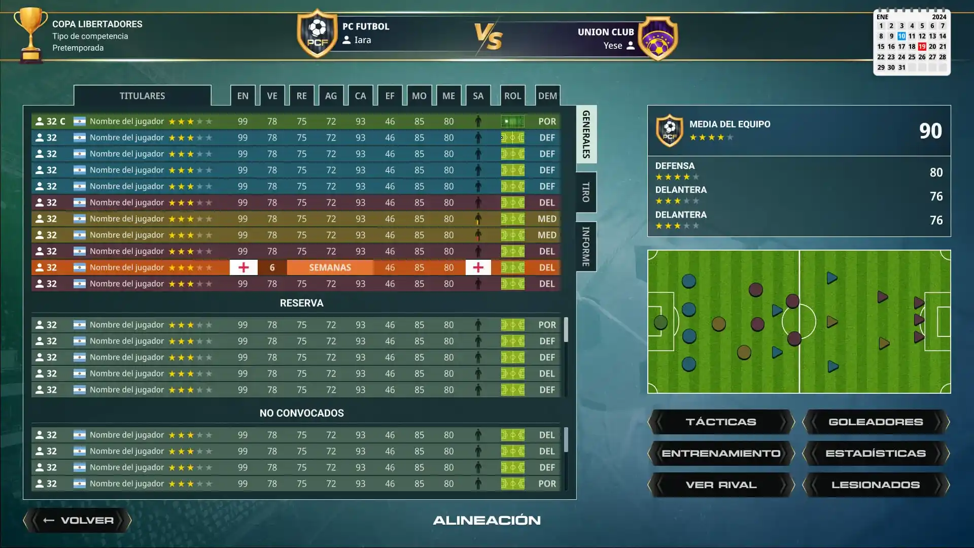 Pantalla de alineación de PC Fútbol, con titulares, reserva, tácticas y la media del equipo