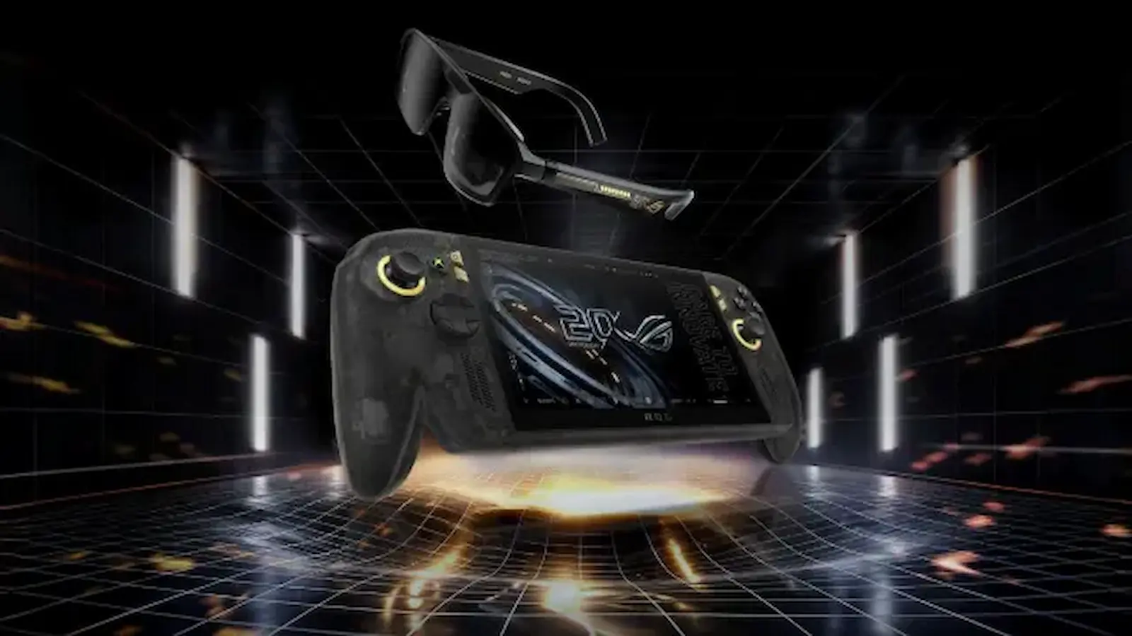 Consola portátil ROG Xbox Ally X20 junto a los lentes de realidad aumentada ROG XREAL R1 Edition 20 sobre un fondo oscuro