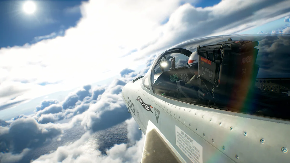 Escena de combate aéreo de Ace Combat 8 Wings of Theve, con vista desde la cabina