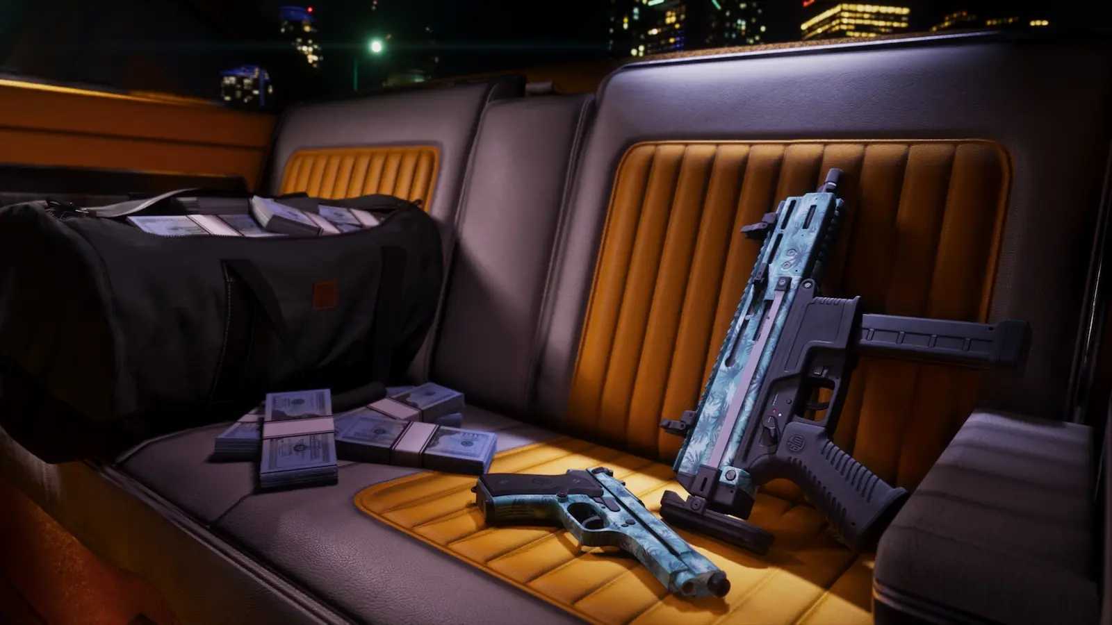 Armas y fajos de billetes sobre el asiento trasero de un auto, en un arte oficial de Rockstar para GTA 6