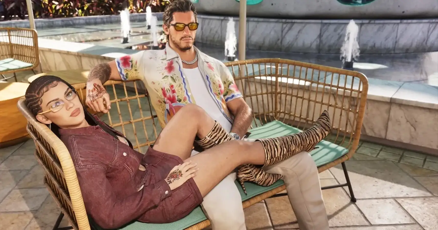 Jason y Lucia, los protagonistas de GTA 6, descansando en reposeras junto a una pileta en Vice City