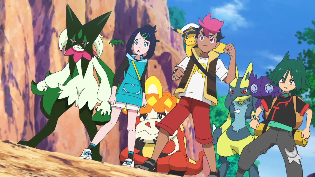 El grupo de protagonistas de Horizontes Pokémon en la temporada 3 Esperanza ascendente