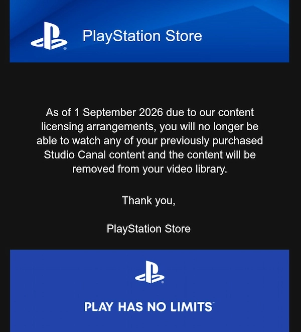 PlayStation Store — mensaje de Sony sobre el cese de películas de Studio Canal en la consola