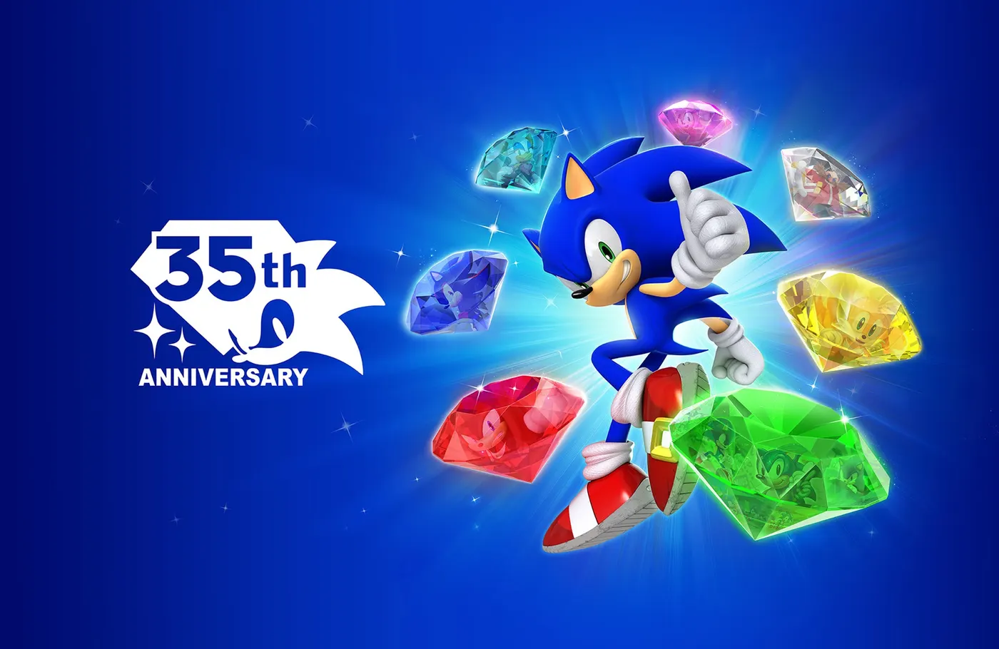 Arte oficial de Sega por los 35 años de Sonic the Hedgehog, con el erizo azul posando entre las siete Chaos Emeralds