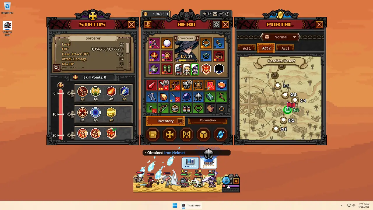 TBH: Task Bar Hero en acción — héroes pixel art peleando en el idle RPG de Steam