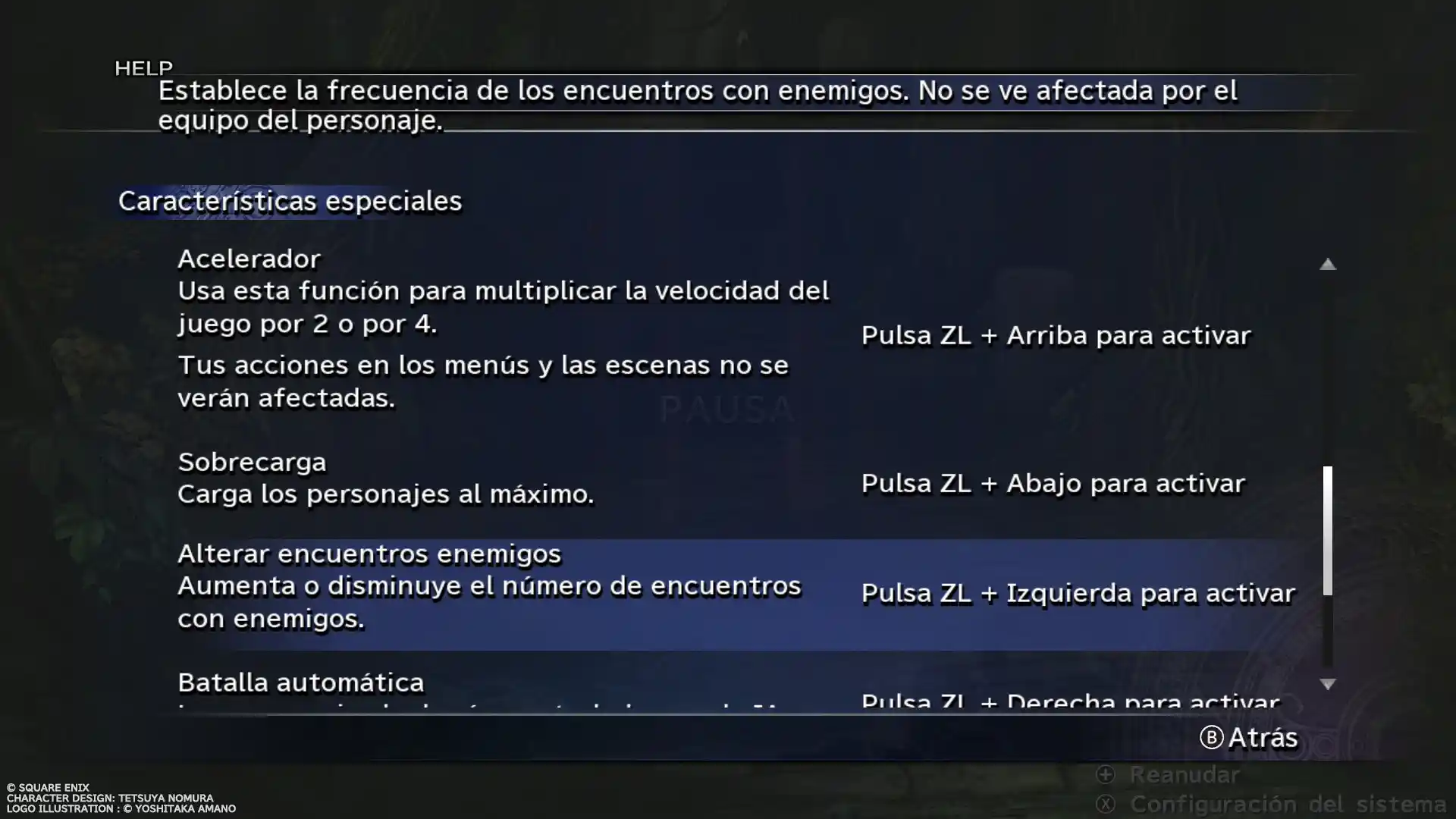 Menú de características especiales de Final Fantasy X en Switch 2: acelerador x2 y x4, sobrecarga y batalla automática