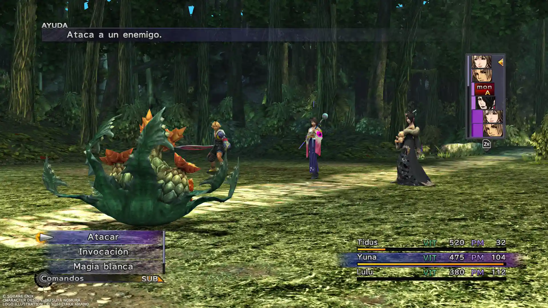 Combate por turnos en Final Fantasy X con Tidus, Yuna y Lulu contra un enemigo en Switch 2