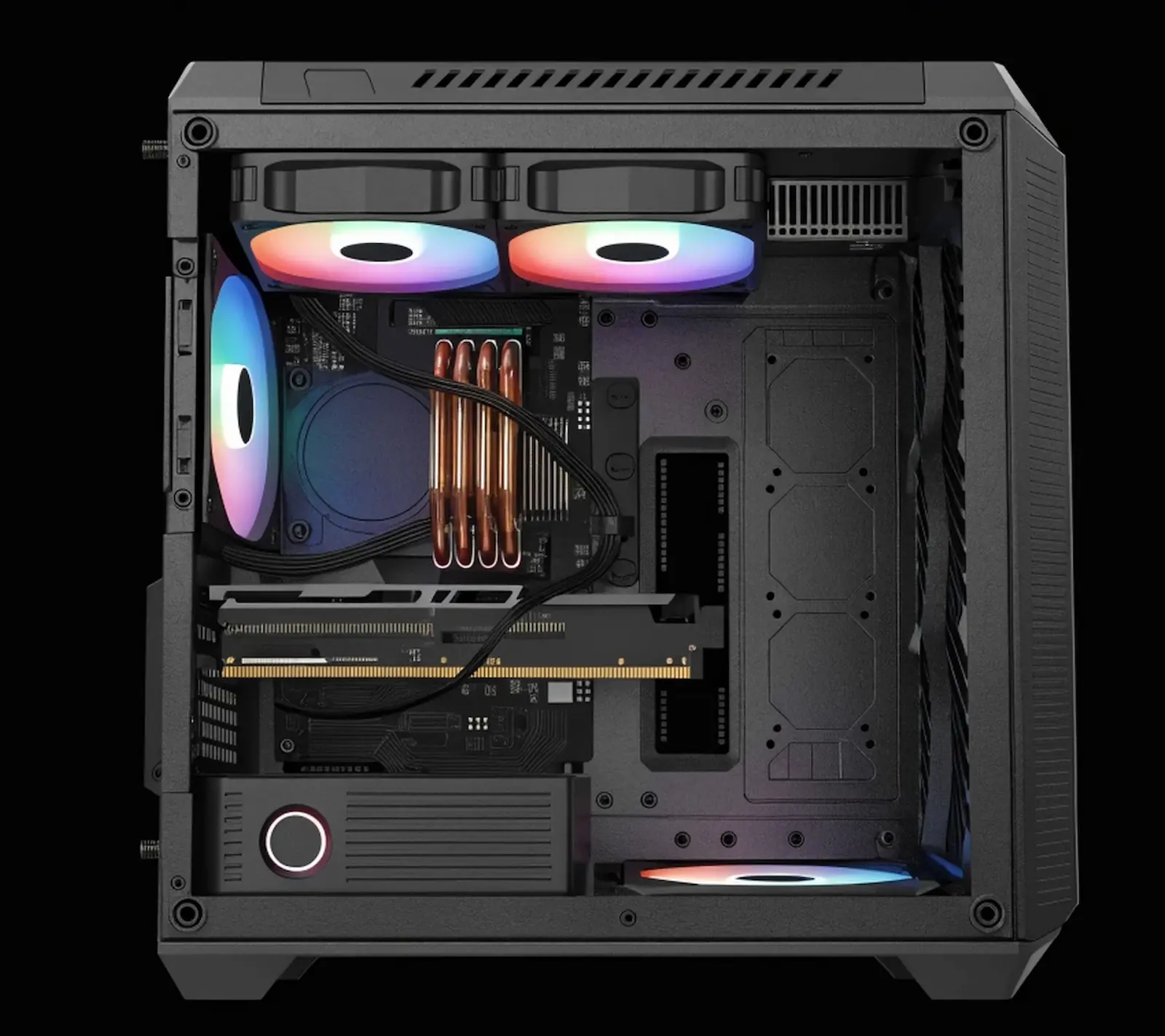 Vista interna del Corsair 2800X RS-R ARGB con el disipador, la memoria RAM y los ventiladores ARGB instalados