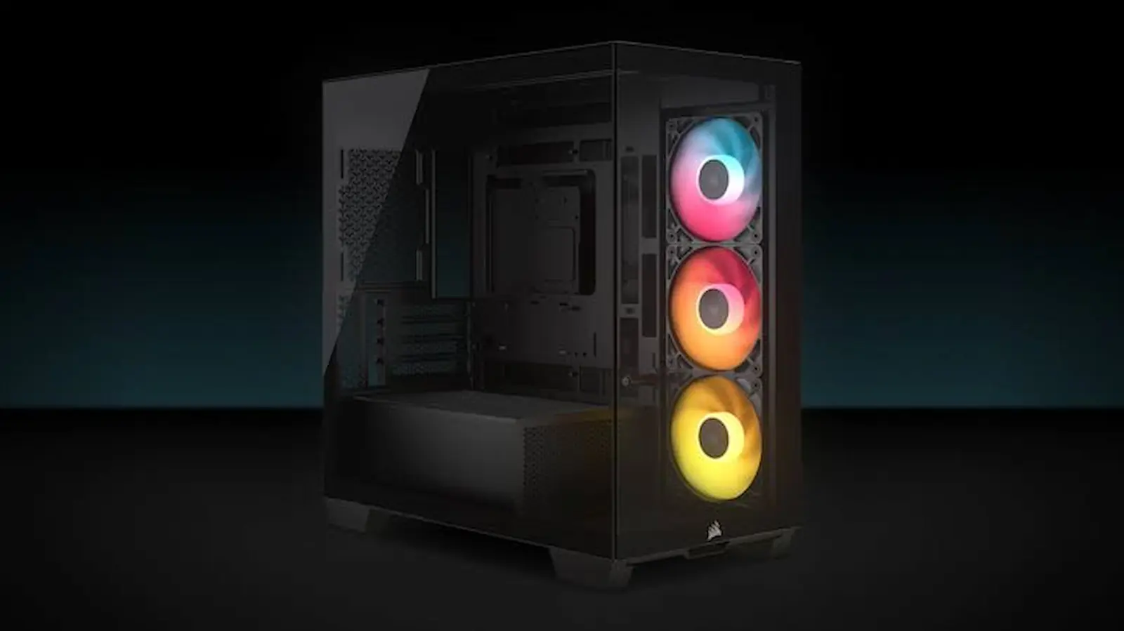 Gabinete Corsair 2800X RS-R ARGB con sus tres ventiladores laterales iluminados en distintos colores