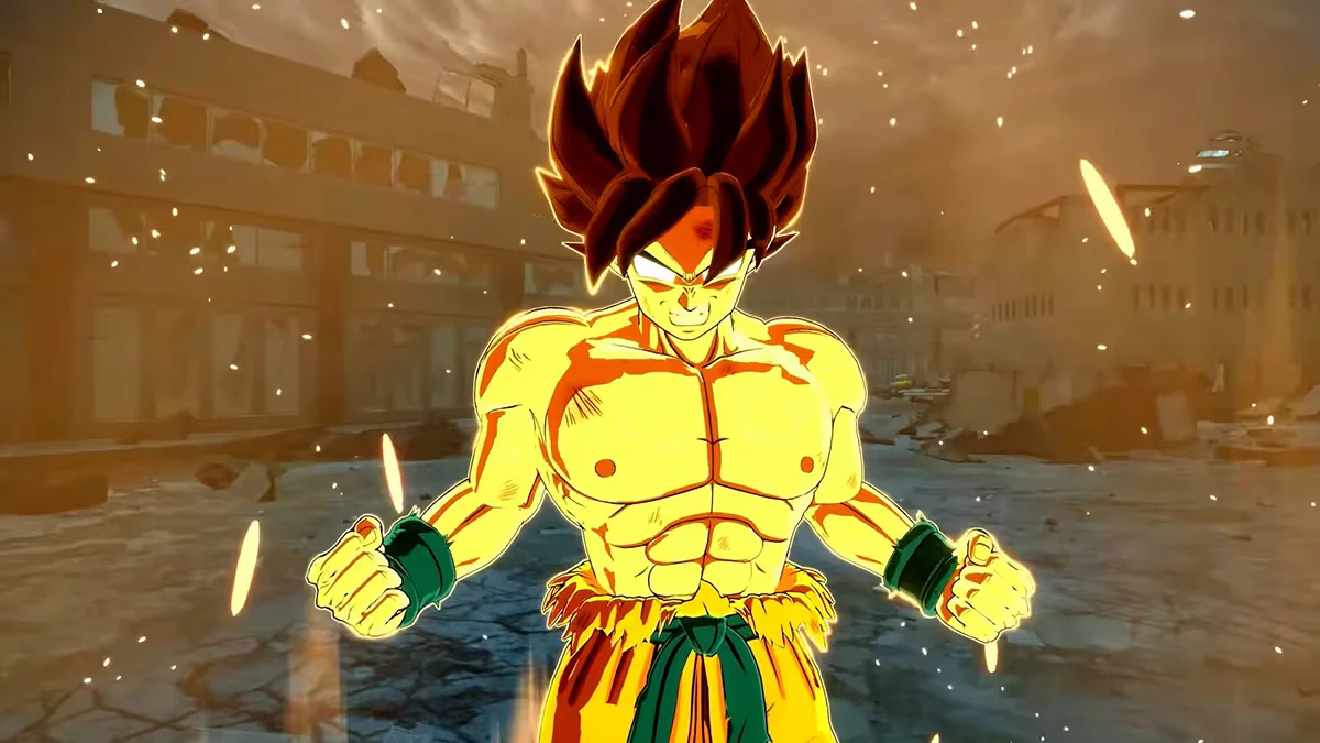 Guerrero Saiyajin rodeado de un aura dorada en un escenario destruido de Dragon Ball Sparking Zero