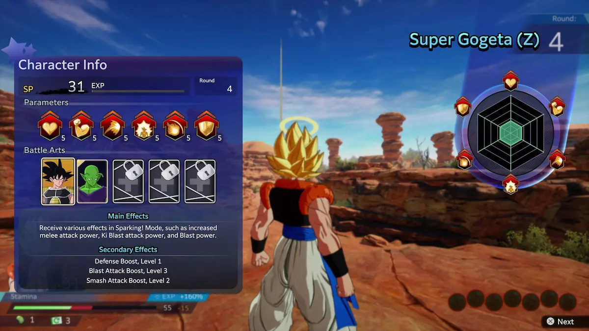 Pantalla del nuevo modo Limit Breaking Journey de Sparking Zero, con estadísticas RPG y Super Gogeta