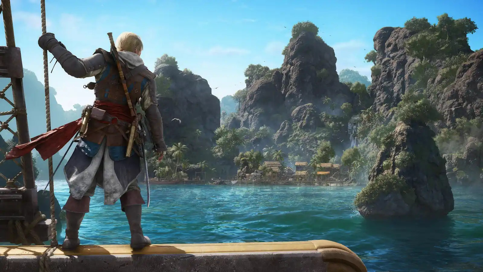 Edward Kenway en la proa del Jackdaw frente a las islas del Caribe en Assassin's Creed Black Flag Resynced