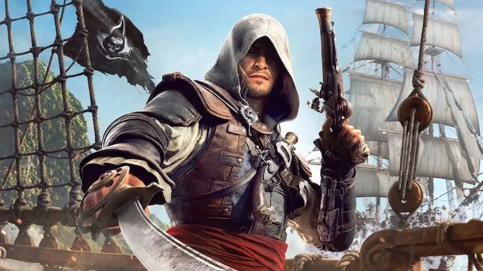 Edward Kenway con espada y pistola en la cubierta de su barco en Assassin's Creed Black Flag Resynced