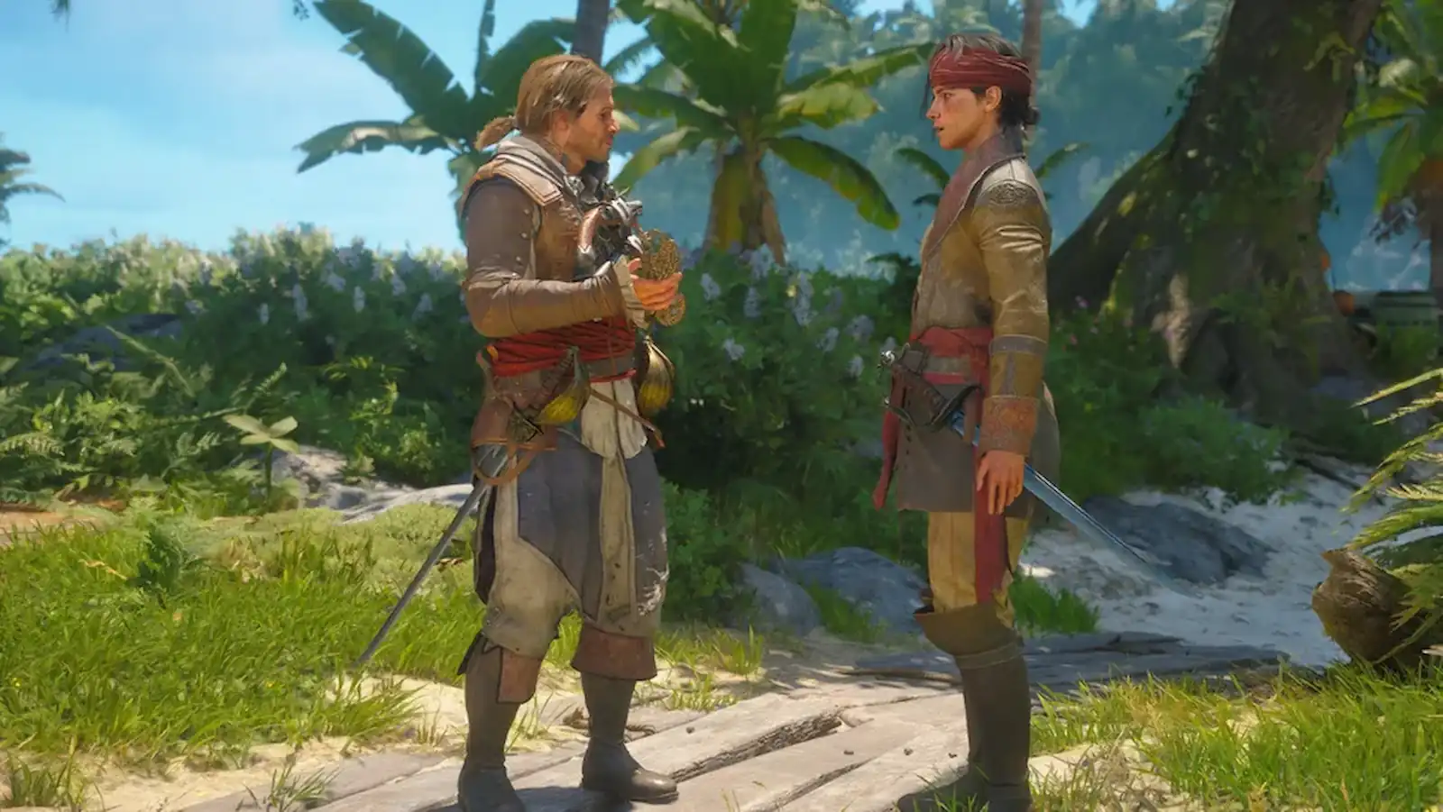 Edward Kenway y James Kidd conversan en la playa antes de la entrega del dardo con soga