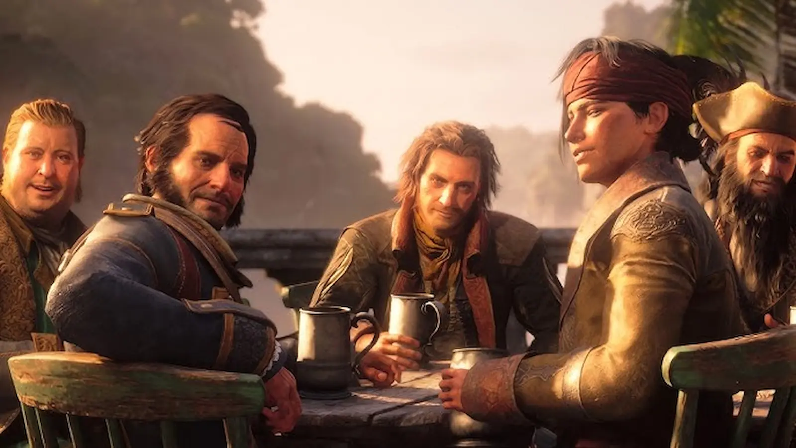 Edward Kenway y su tripulación reunidos alrededor de una mesa en Assassin's Creed Black Flag Resynced