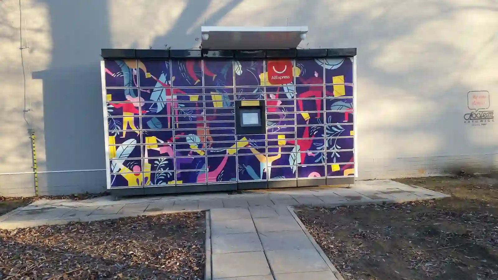 Locker de retiro de paquetes de AliExpress con el logo de la plataforma en la vía pública