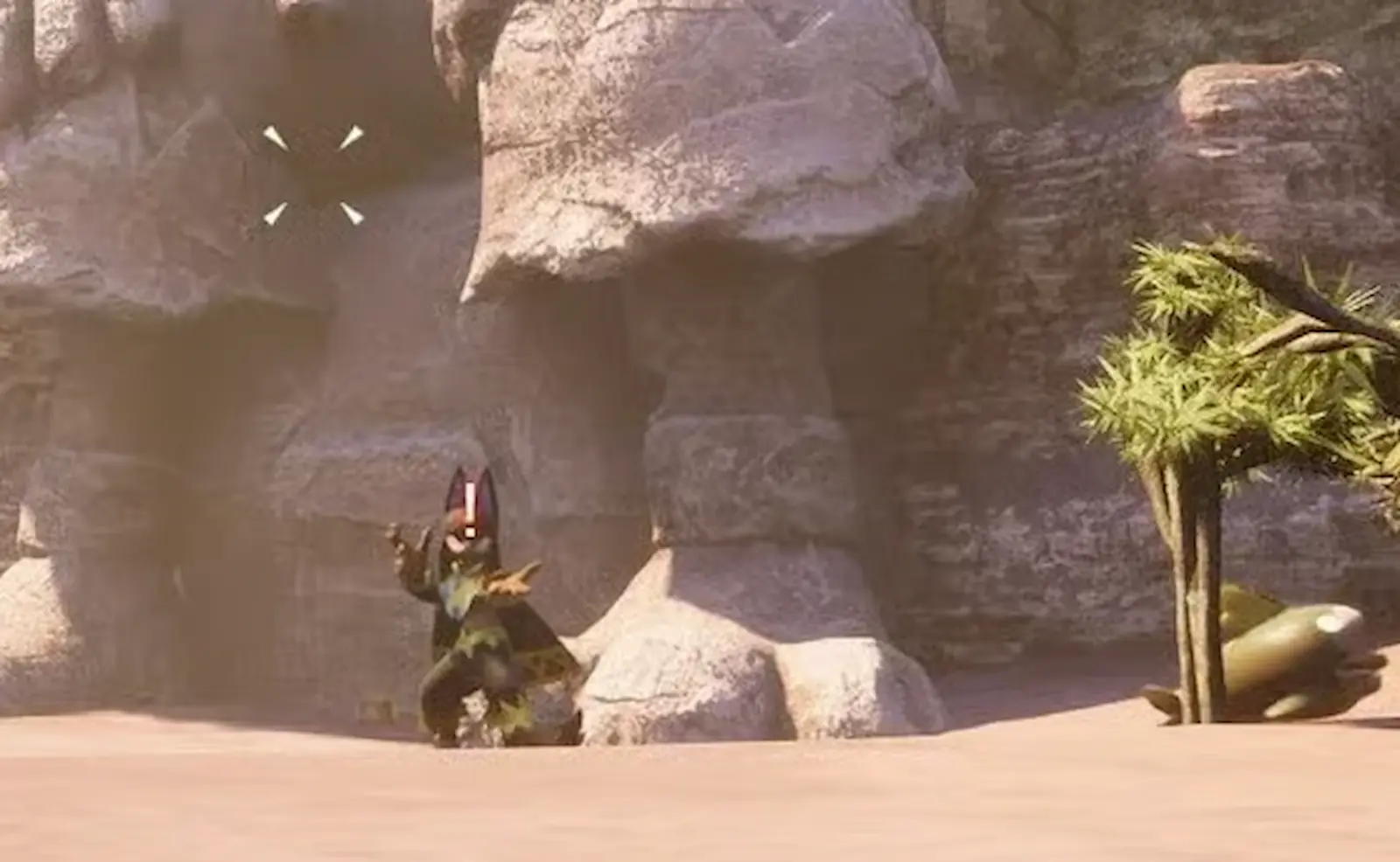 El Alpha Anubis con su barra de jefe al pie del monumento tallado, en las Dunas del Crepúsculo de Palworld