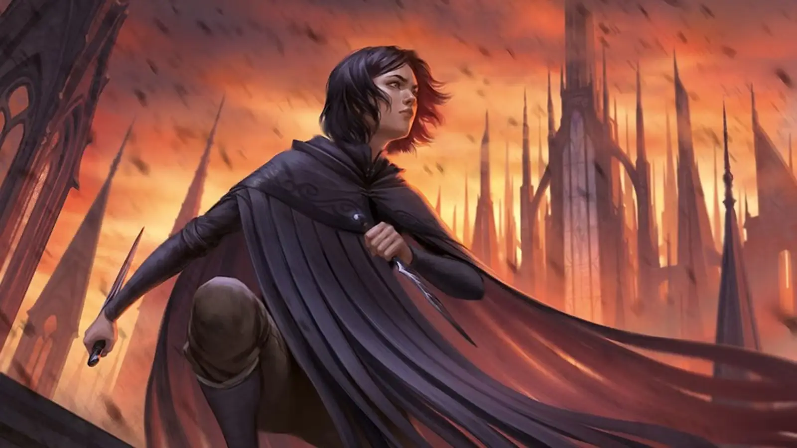 Vin con su capa de brumas y una daga frente a las torres de Luthadel, en el arte de Mistborn