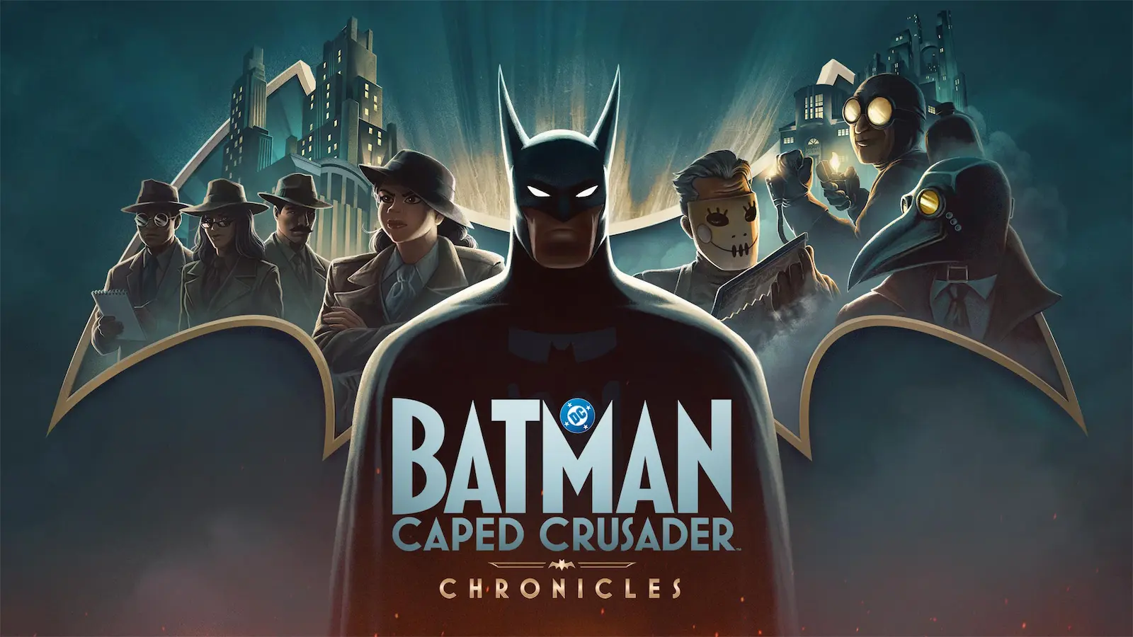 Arte oficial de Batman Caped Crusader Chronicles, con Batman rodeado de detectives y villanos de Gótica
