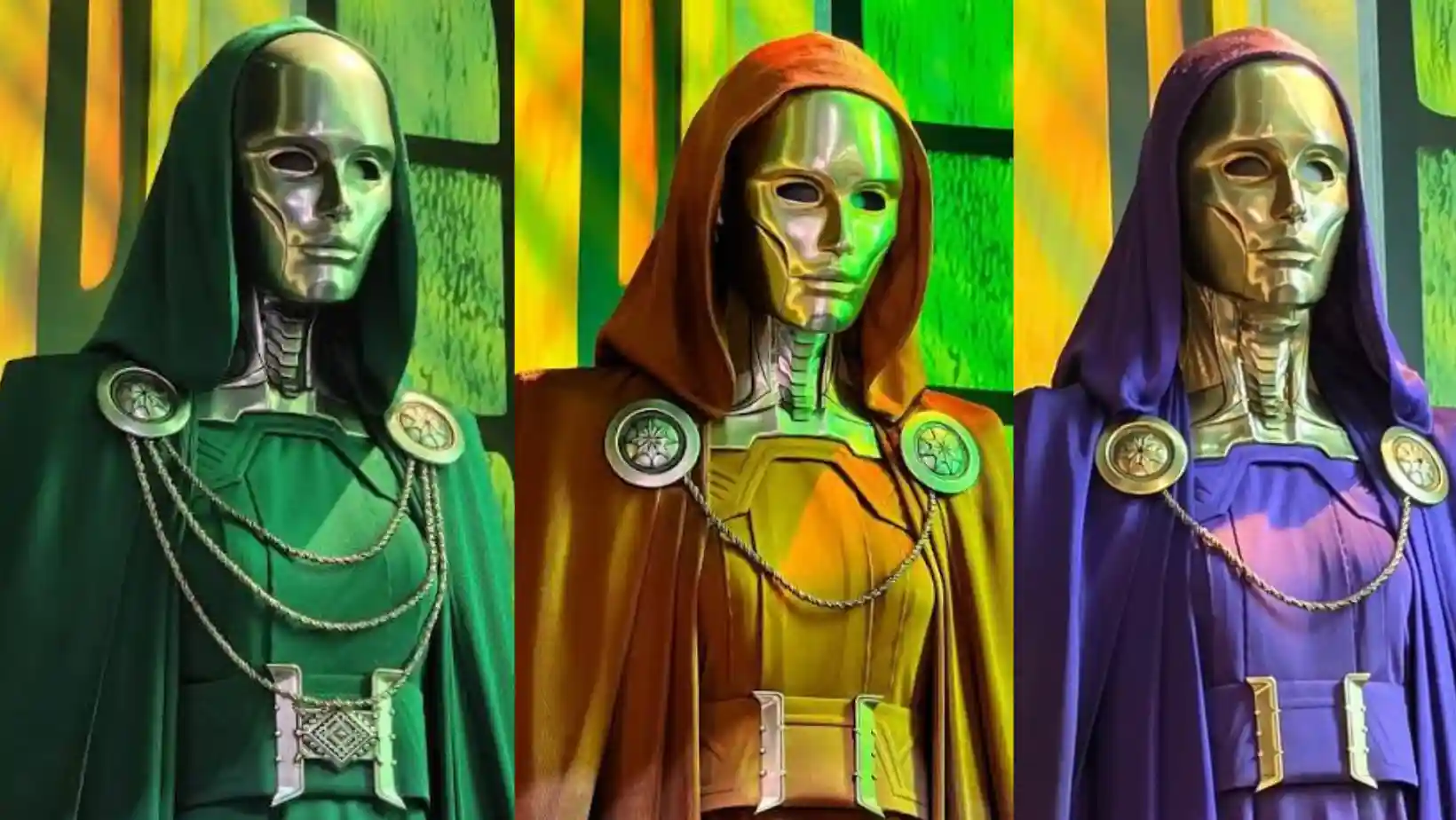 Los tres trajes de la Bruja Latveriana exhibidos por Marvel: verde, anaranjado y violeta