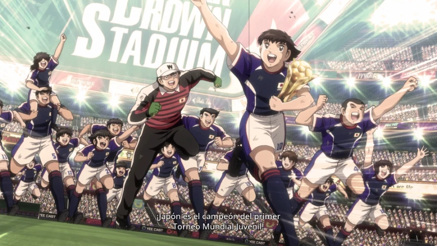 Cinemática de Captain Tsubasa 2: World Fighters con la selección juvenil de Japón festejando el título en el Crown Stadium