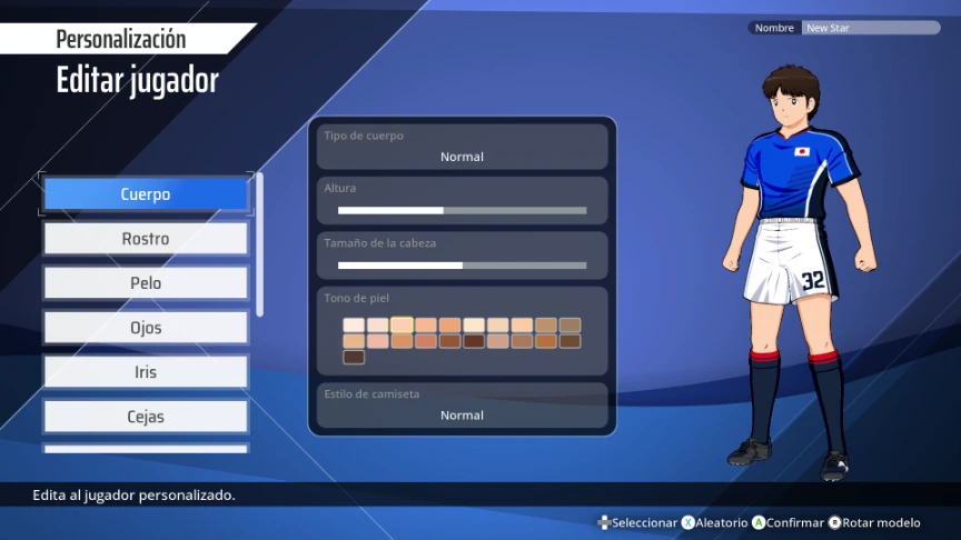 Menú de creación de personaje en Captain Tsubasa 2: World Fighters