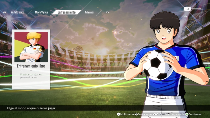 Menú principal de Captain Tsubasa 2: World Fighters con el personaje creado por el jugador