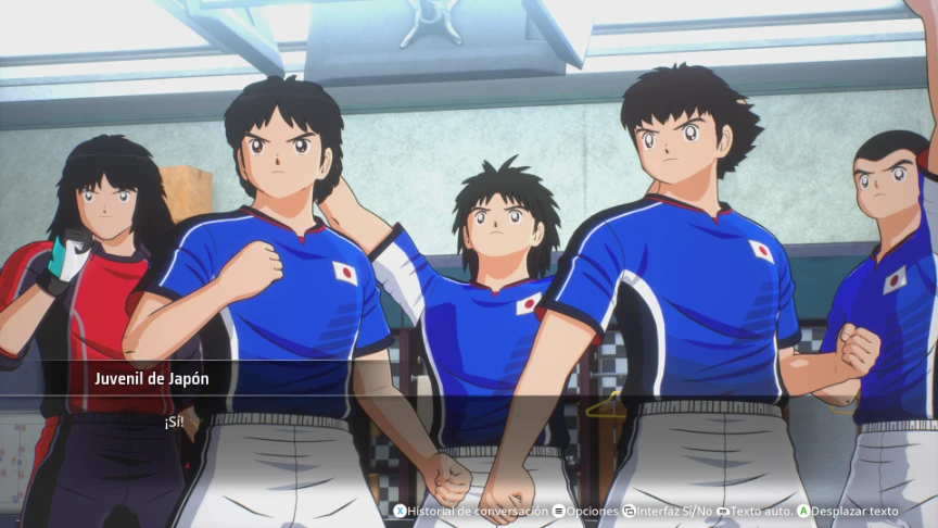 Cinemática de vestuario en Captain Tsubasa 2: World Fighters con la selección juvenil de Japón antes de un partido