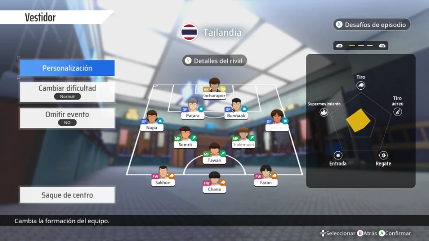 Pantalla de alineación de la selección de Tailandia en el modo historia de Captain Tsubasa 2: World Fighters