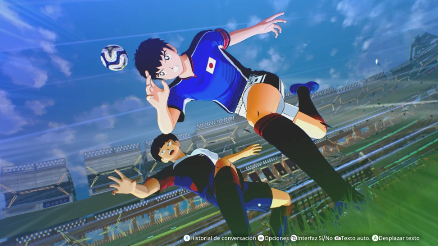 Cinemática de gameplay de Captain Tsubasa 2: World Fighters con dos jugadores disputando un cabezazo