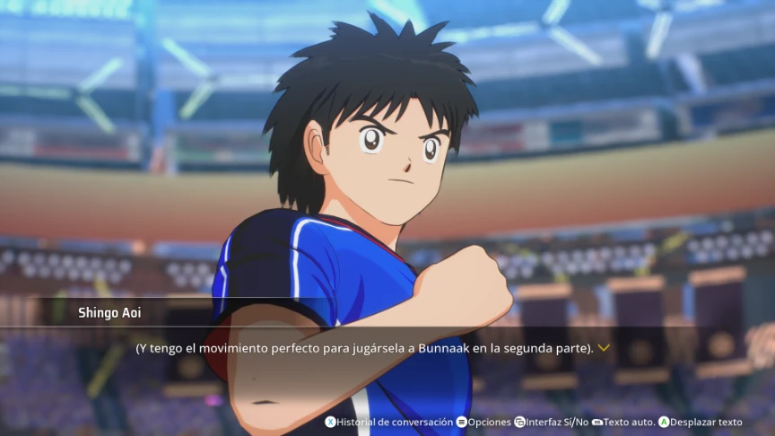 Cinemática de diálogo de Captain Tsubasa 2: World Fighters con Shingo Aoi planeando una jugada
