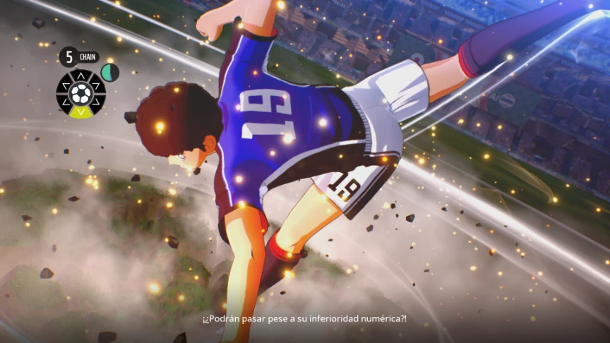 Captura de gameplay de Captain Tsubasa 2: World Fighters durante un remate encadenado